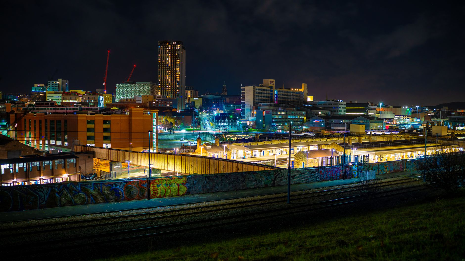 Sheffield city centre lit up at night