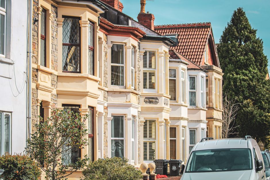 Row of period terraced houses with bay windows